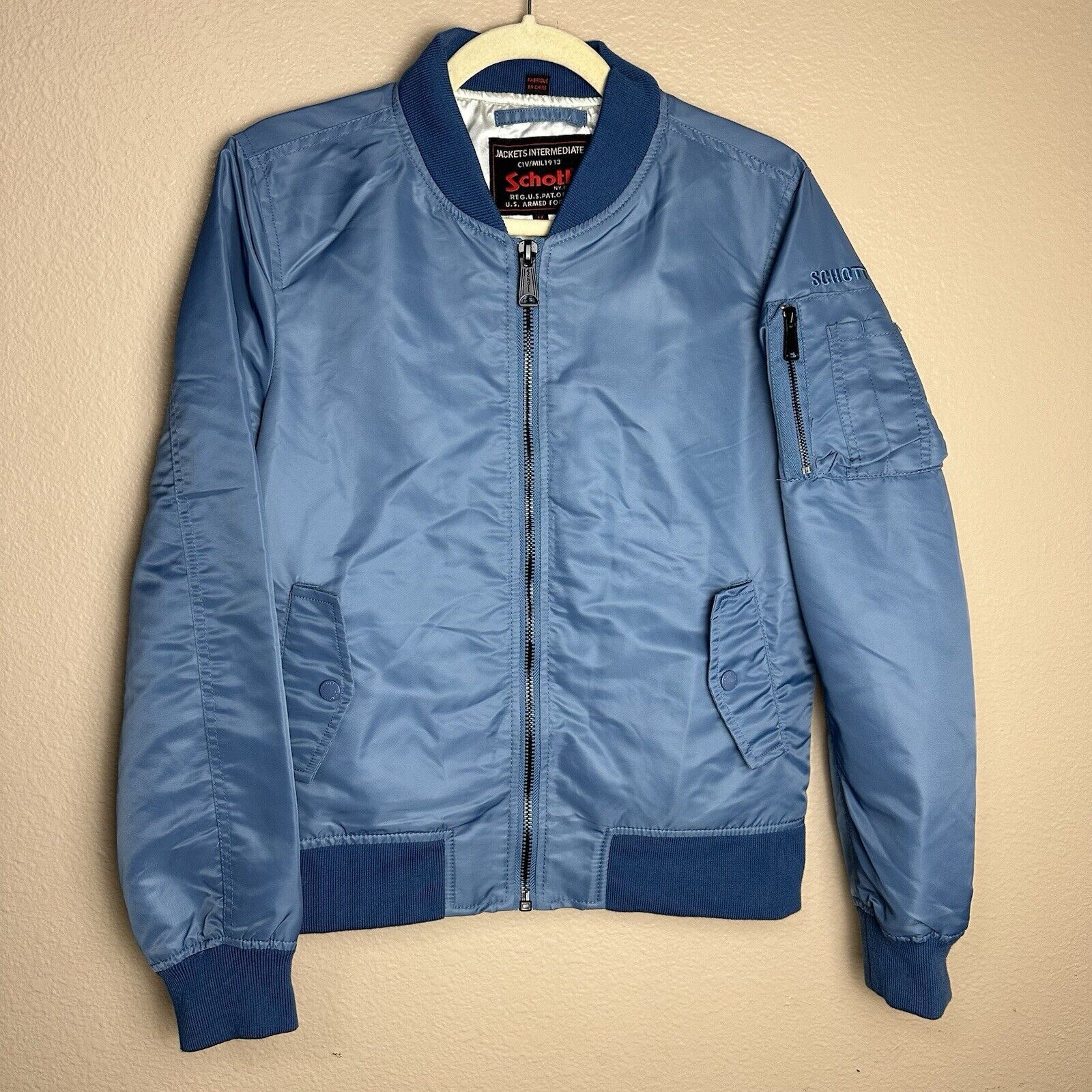 Schott Nyc Light Blue Bomber Jacket With Navy Trim